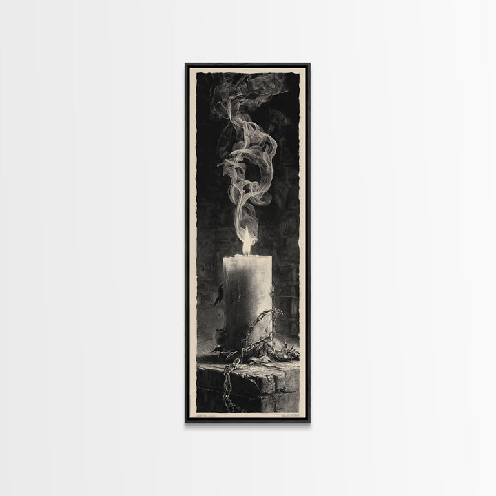 The Black Wax Candle, Architectural Etching Art, Tall Narrow Wall Art, Macabre Wall Art, Framed Canvas Print