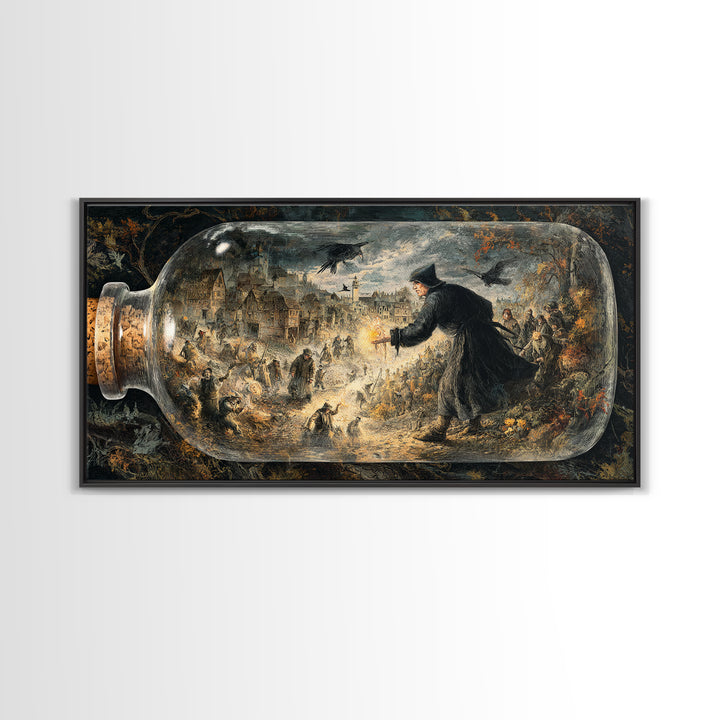 The Bottled Ghost, Northern Renaissance Horror, Wide Panoramic Art, Macabre Wall Art, Framed Canvas Print, Halloween Wall Art