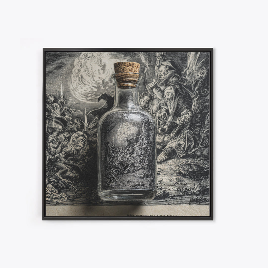 The Bottled Ghost, Renaissance Engraving Art, Square Wall Art, Dark Fantasy Wall Art, Framed Canvas Print, Halloween Wall Art