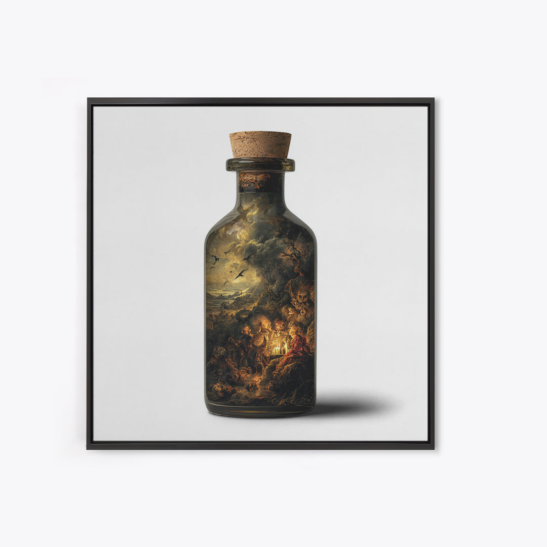 The Bottled Ghost, Baroque Witchcraft Art, Square Wall Art, Dark Halloween Decor, Framed Canvas Print, Halloween Wall Art