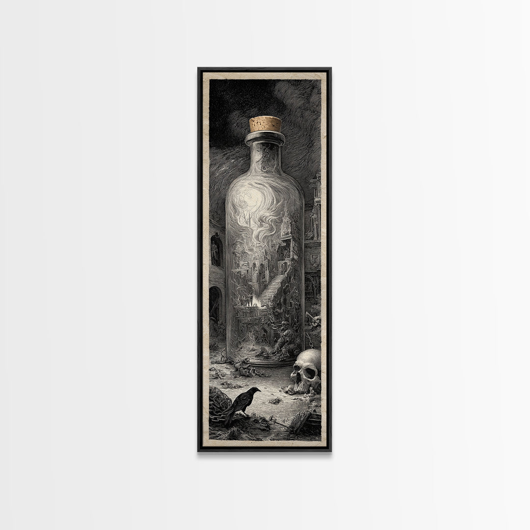The Bottled Ghost, Architectural Etching Art, Tall Narrow Wall Art, Gothic Horror Wall Art, Canvas Print, Halloween Wall Art