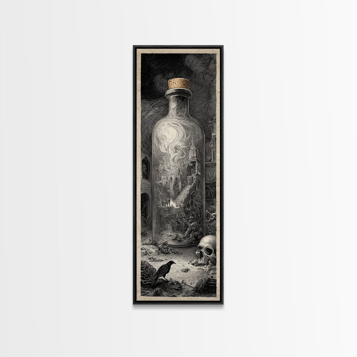 The Bottled Ghost, Architectural Etching Art, Tall Narrow Wall Art, Gothic Horror Wall Art, Canvas Print, Halloween Wall Art
