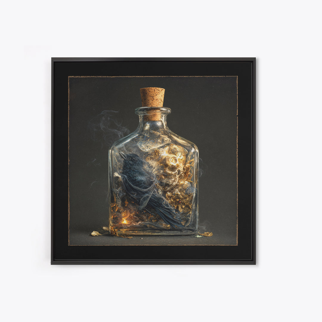 The Bottled Ghost, Ornate Symbolist Art, Square Wall Art, Dark Halloween Decor, Framed Canvas Print, Halloween Wall Art