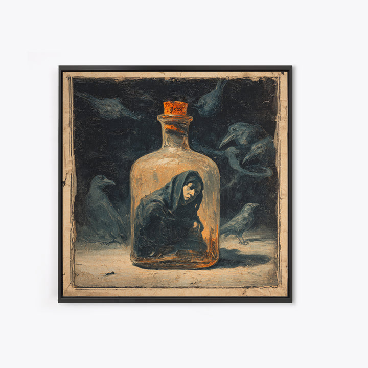 The Bottled Ghost, Dark Symbolist Art, Square Wall Art, Dark Halloween Decor, Canvas Print, Halloween Wall Art