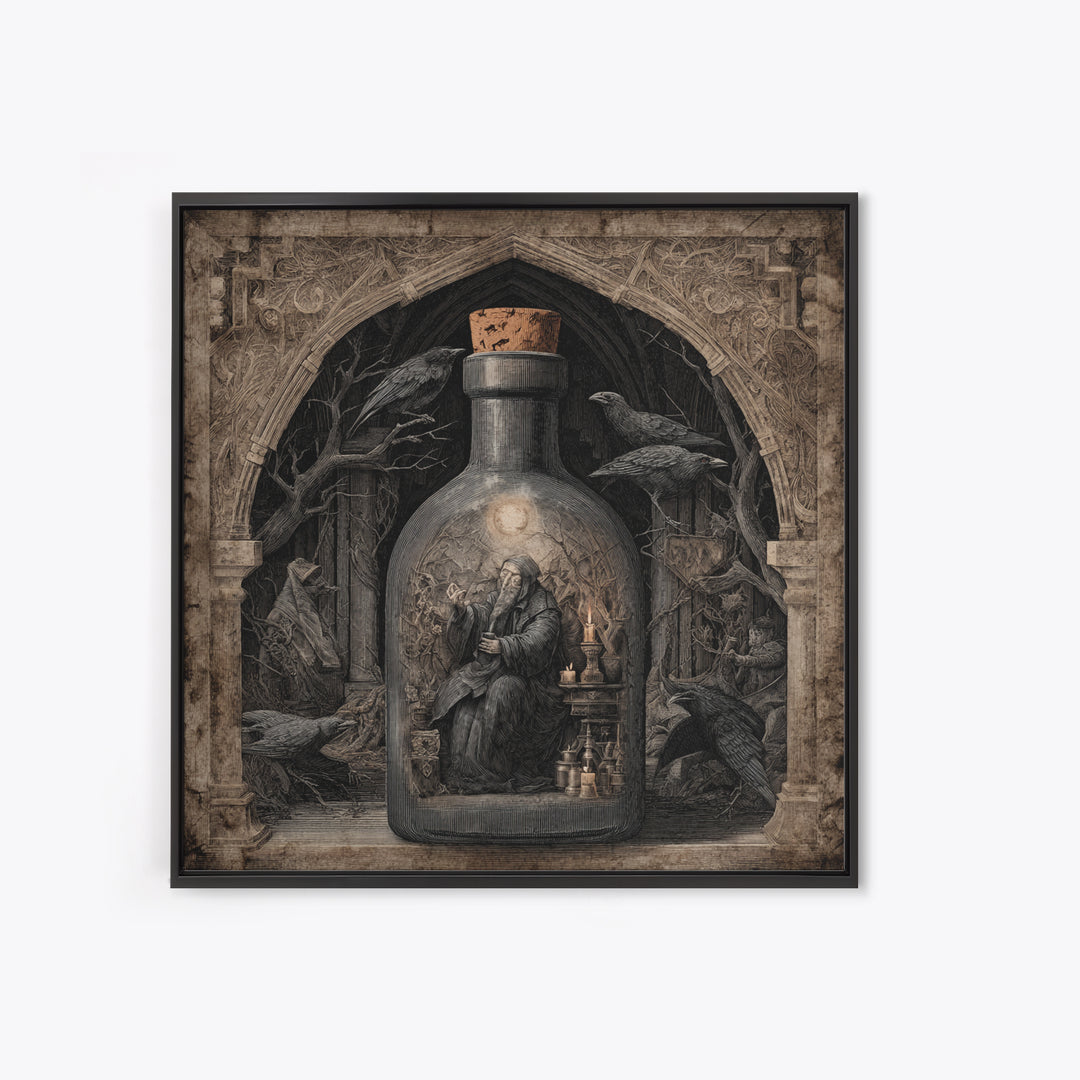 The Bottled Ghost, Symbolist Etching Art, Square Wall Art, Macabre Wall Art, Framed Canvas Print, Halloween Wall Art, Halloween Decor