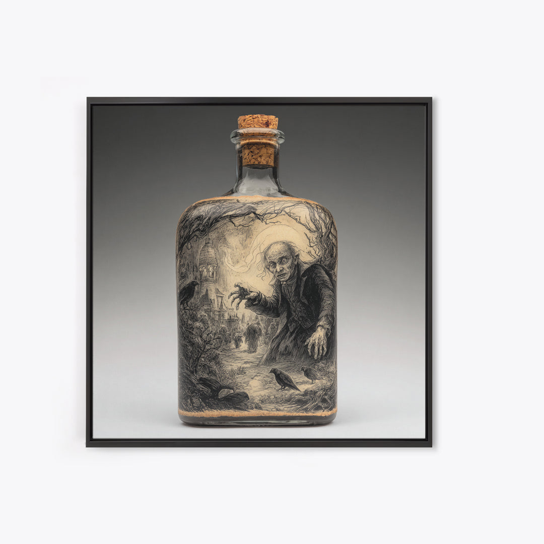 The Bottled Ghost, Expressionist Nightmare Art, Square Wall Art, Dark Fantasy Wall Art, Framed Canvas Print, Halloween Wall Art