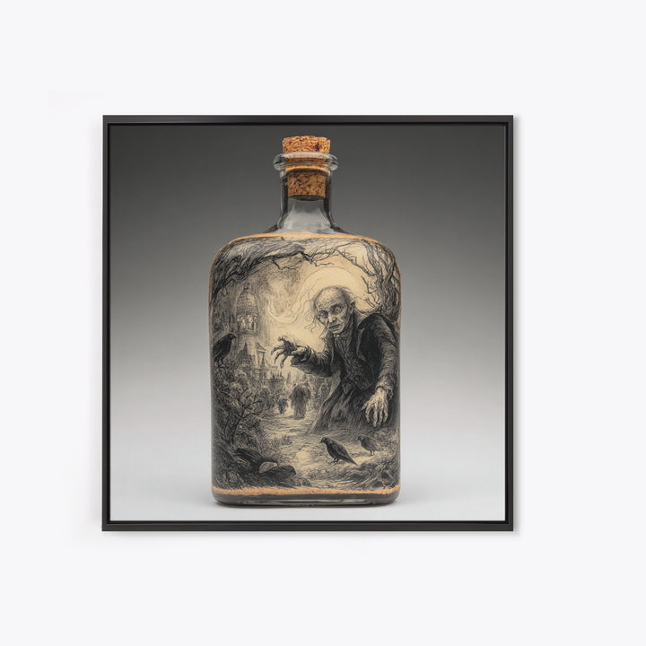 The Bottled Ghost, Expressionist Nightmare Art, Square Wall Art, Dark Fantasy Wall Art, Framed Canvas Print, Halloween Wall Art