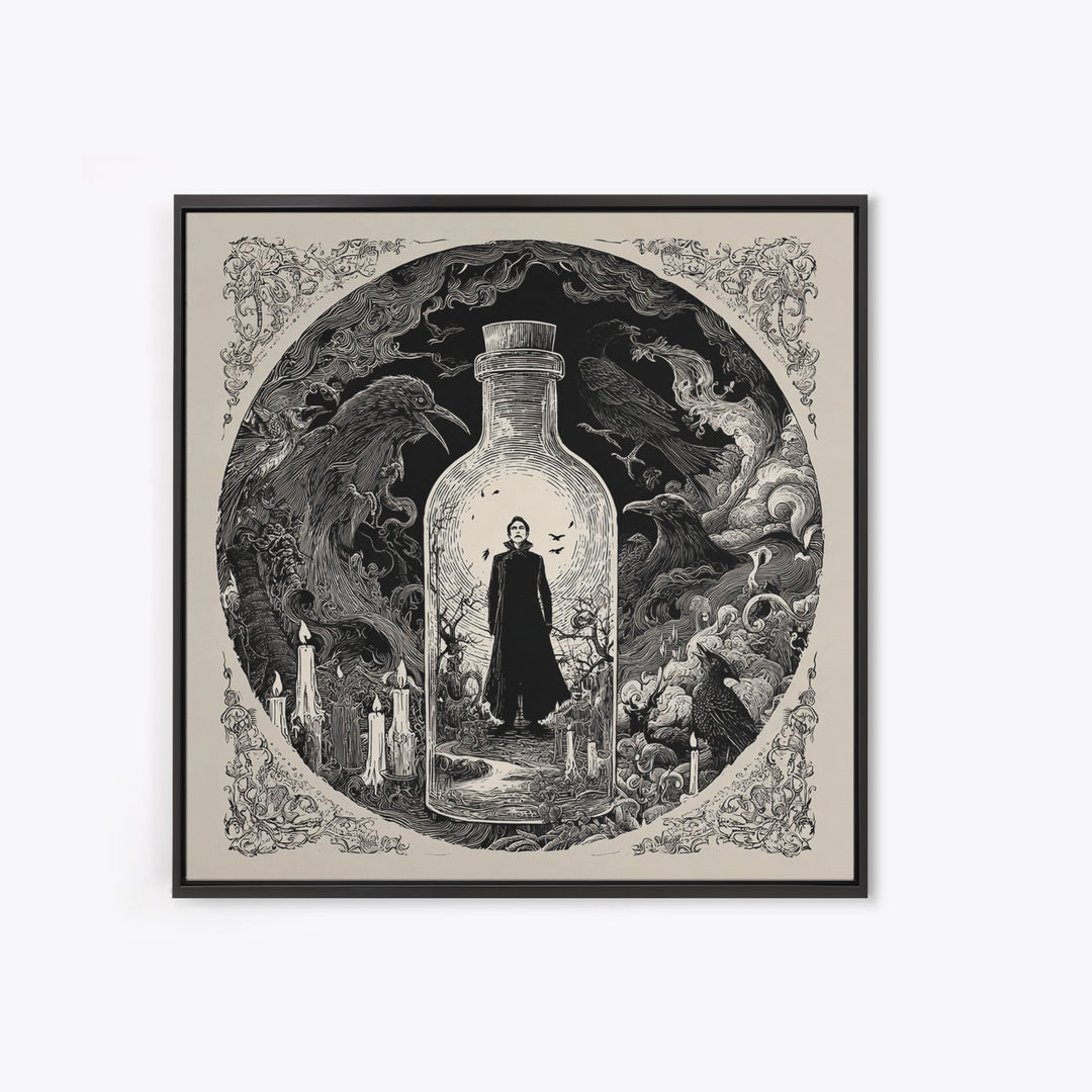 The Bottled Ghost, Decadent Line Art, Square Wall Art, Dark Fantasy Wall Art, Framed Canvas Print, Halloween Wall Art