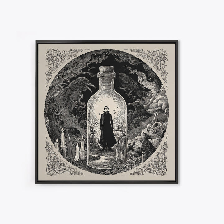 The Bottled Ghost, Decadent Line Art, Square Wall Art, Dark Fantasy Wall Art, Framed Canvas Print, Halloween Wall Art