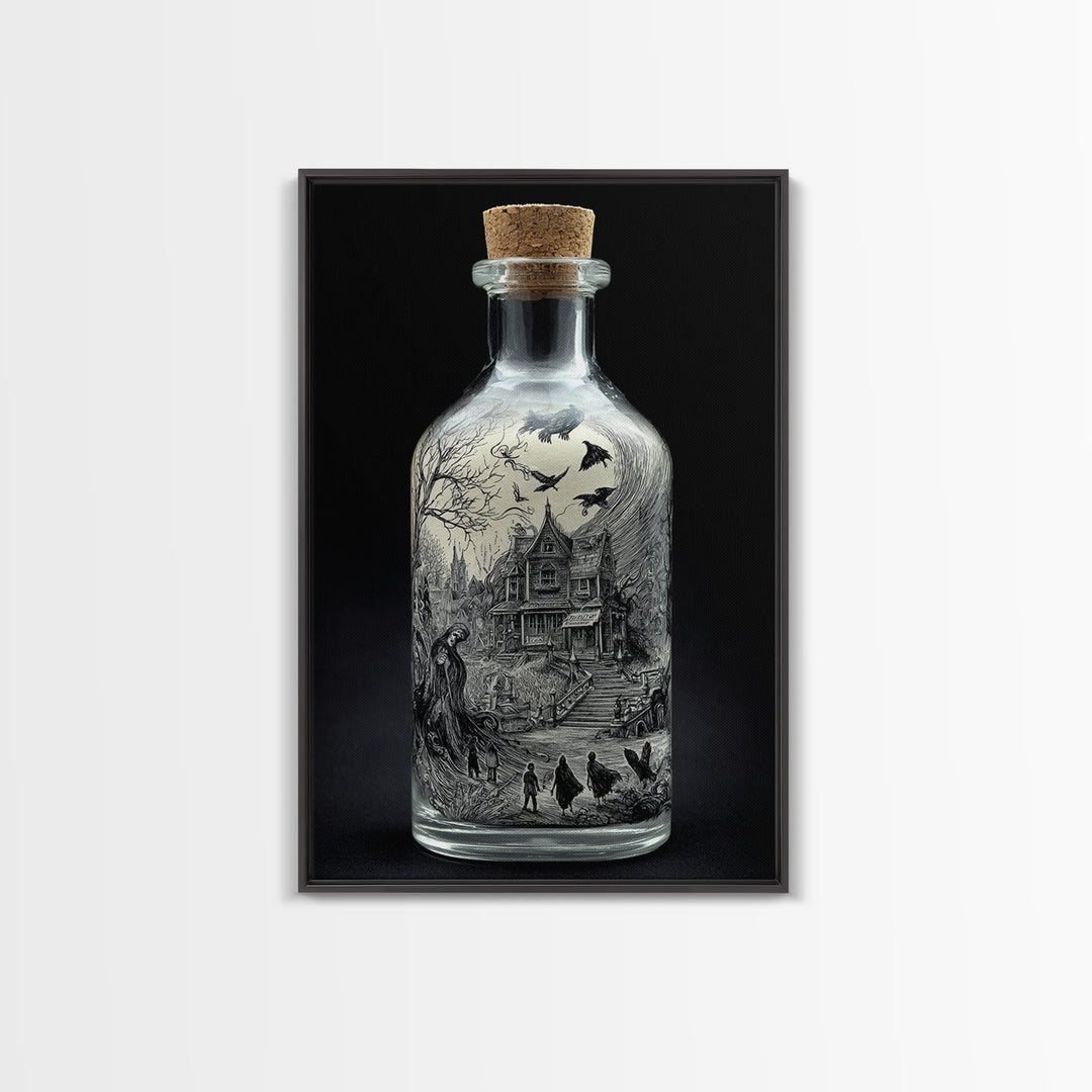 The Bottled Ghost, Victorian Macabre Art, Vertical Wall Art, Dark Halloween Decor, Framed Canvas Print, Halloween Wall Art