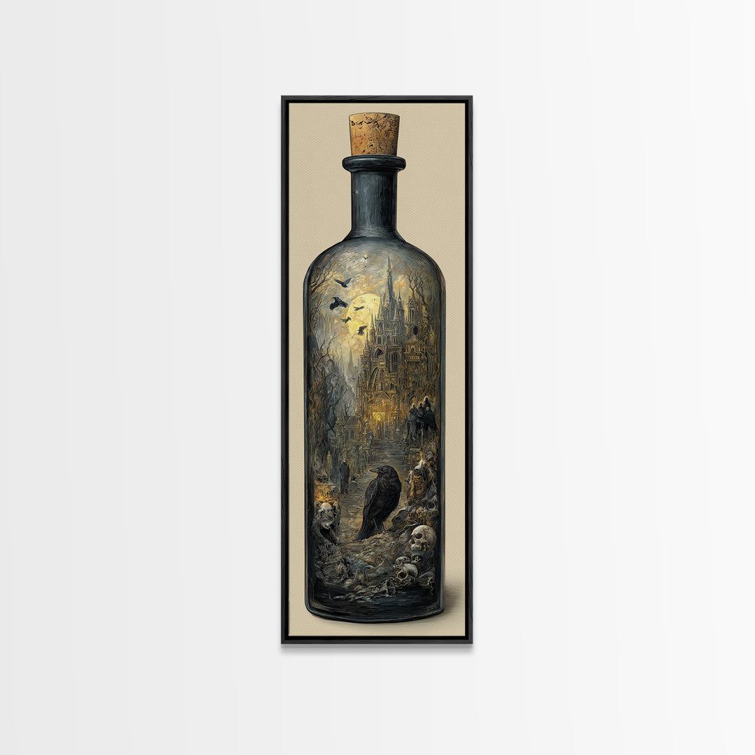 The Bottled Ghost, Surreal Apocalyptic Art, Tall Narrow Wall Art, Gothic Horror Wall Art, Framed Canvas Print, Halloween Wall Art