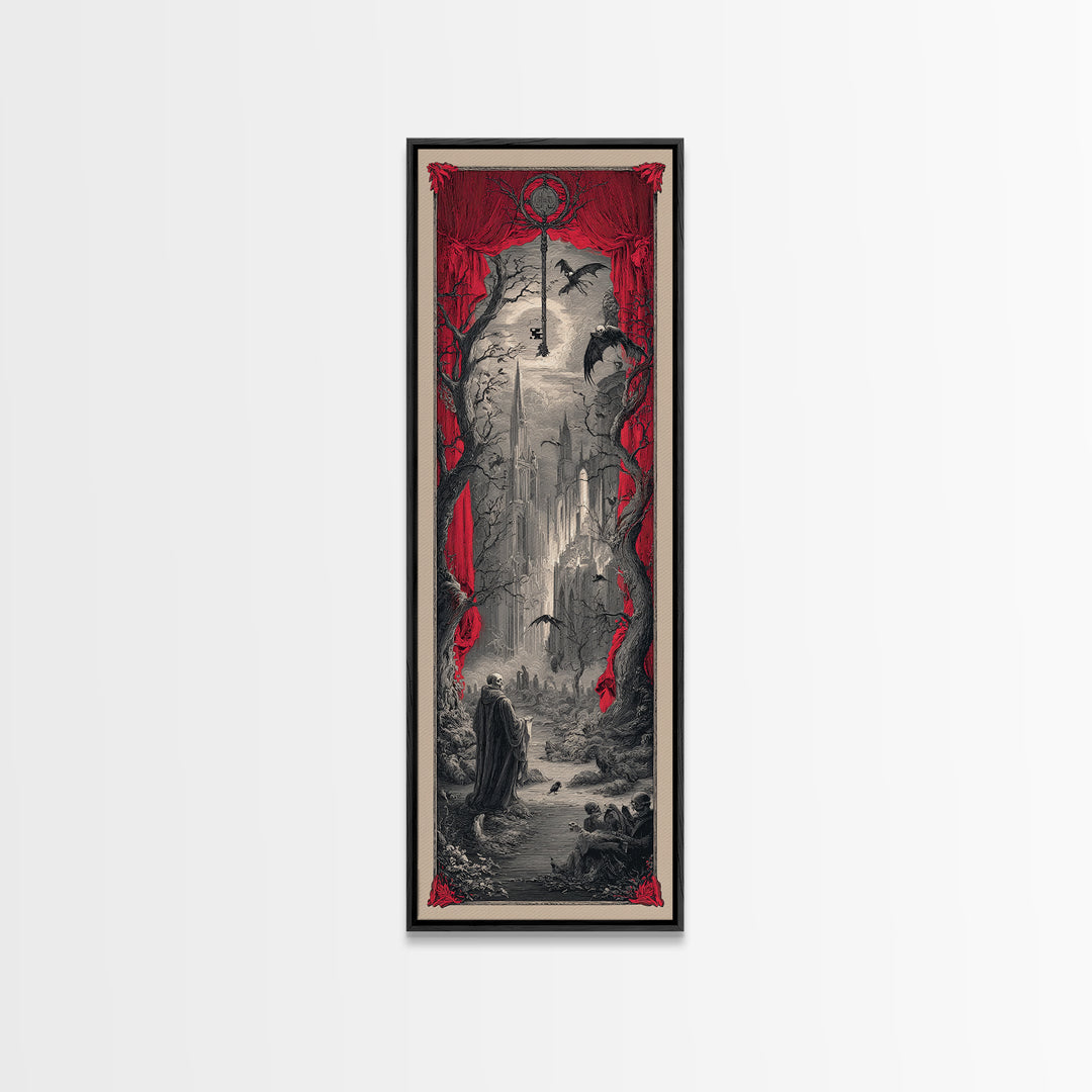 The Coffin Key, Gothic Engraving Art, Tall Narrow Wall Art, Macabre Wall Art, Framed Canvas Print, Halloween Wall Art, Halloween Decor