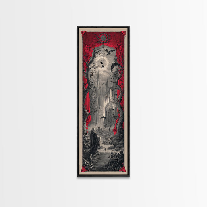 The Coffin Key, Gothic Engraving Art, Tall Narrow Wall Art, Macabre Wall Art, Framed Canvas Print, Halloween Wall Art, Halloween Decor
