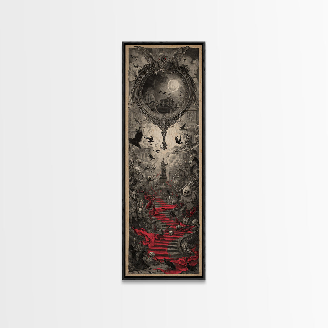 The Coffin Key, Architectural Etching Art, Tall Narrow Wall Art, Dark Halloween Decor, Canvas Print, Halloween Wall Art