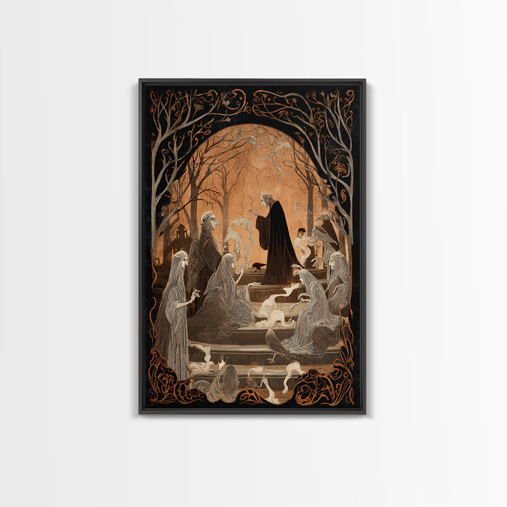 The Antique Spirit Board, Decadent Line Art, Vertical Wall Art, Macabre Wall Art, Framed Canvas Print, Halloween Wall Art