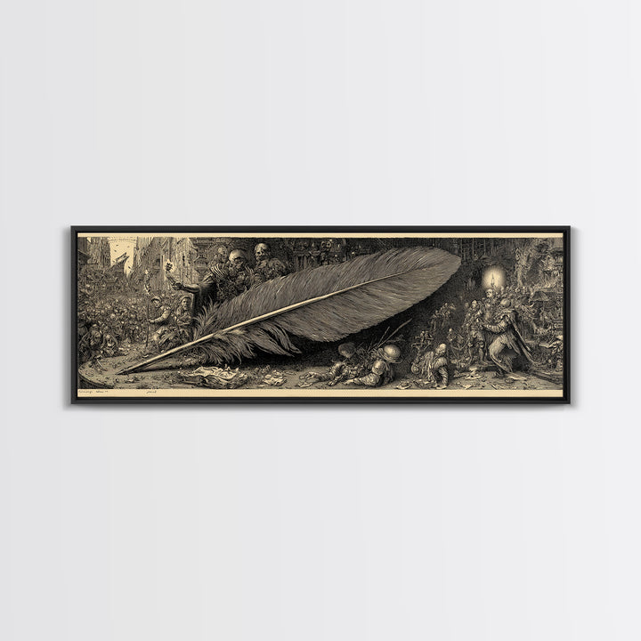The Raven-Feather Quill, Medieval Grotesque Art, Extra Wide Wall Art, Dark Halloween Decor, Framed Canvas Print, Halloween Wall Art