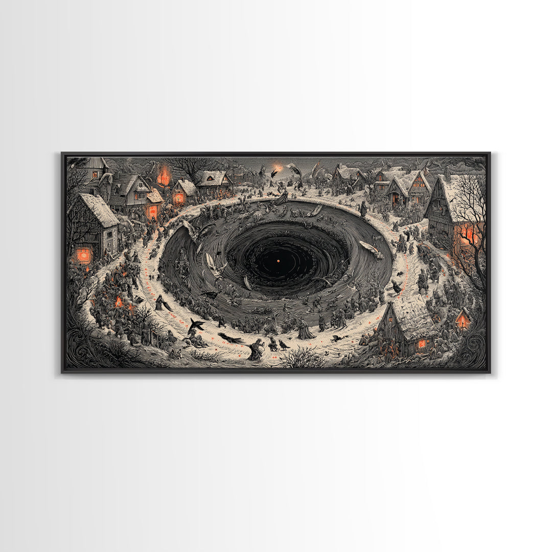 The Raven-Feather Quill, Northern Renaissance Horror, Wide Panoramic Art, Gothic Horror Wall Art, Framed Canvas Print