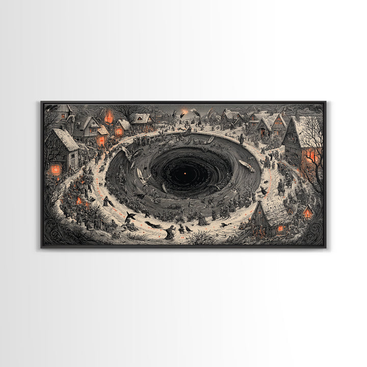 The Raven-Feather Quill, Northern Renaissance Horror, Wide Panoramic Art, Gothic Horror Wall Art, Framed Canvas Print