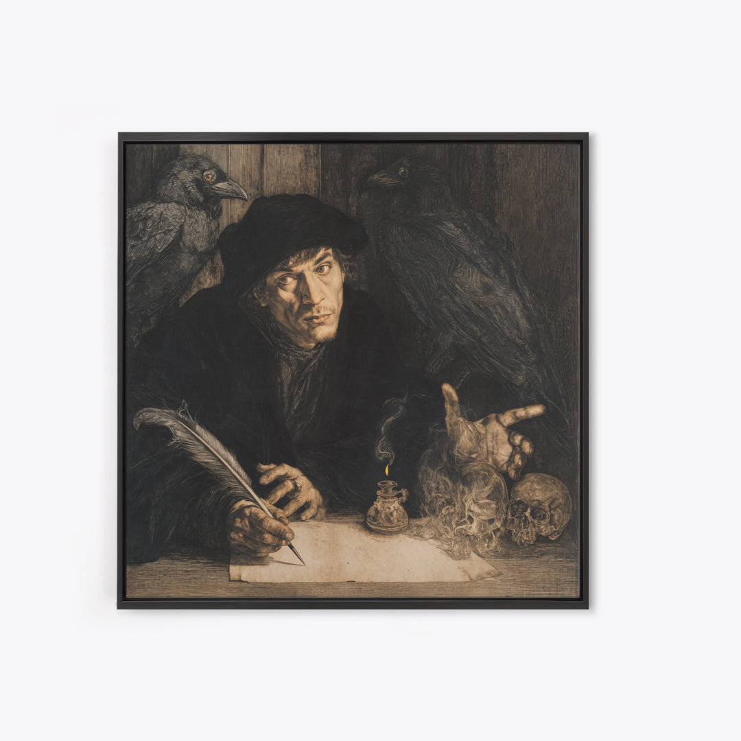 The Raven-Feather Quill, Danse Macabre Art, Square Wall Art, Macabre Wall Art, Framed Canvas Print, Halloween Wall Art