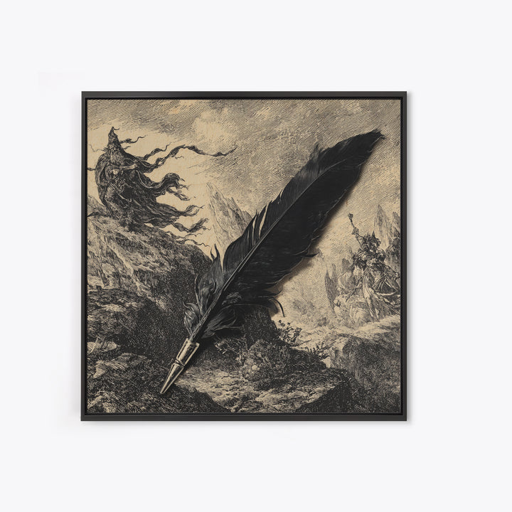 The Raven-Feather Quill, Baroque Witchcraft Art, Square Wall Art, Macabre Wall Art, Framed Canvas Print, Halloween Wall Art
