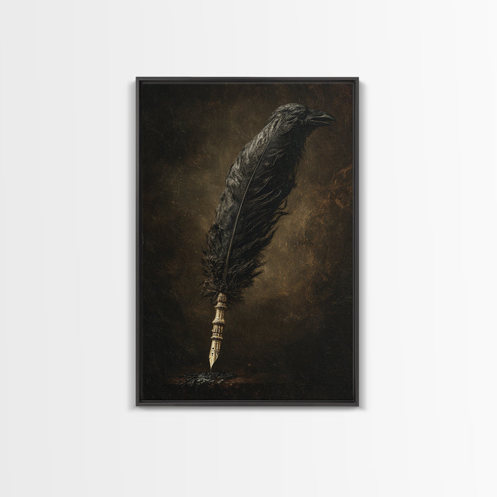 The Raven-Feather Quill, Dark Romantic Horror Art, Vertical Wall Art, Gothic Horror Wall Art, Framed Canvas Print, Halloween Wall Art