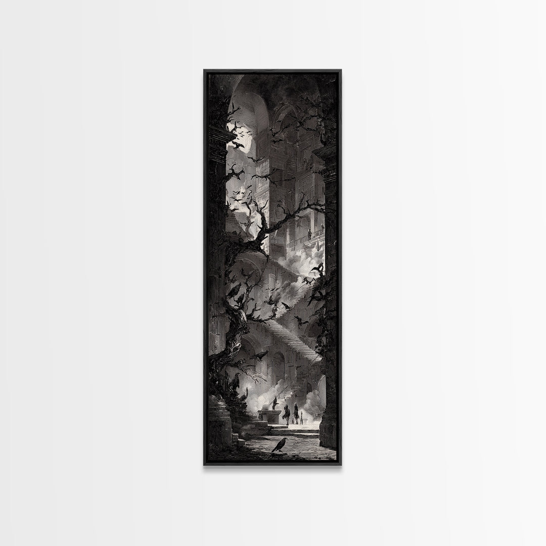 The Raven-Feather Quill, Architectural Etching Art, Tall Narrow Wall Art, Gothic Horror Wall Art, Framed Canvas Print