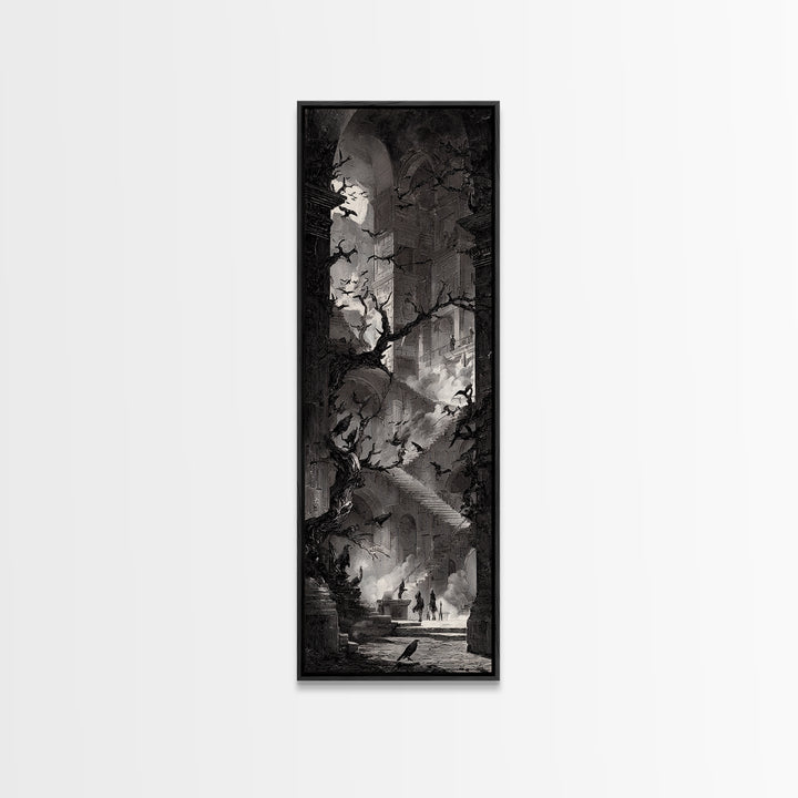 The Raven-Feather Quill, Architectural Etching Art, Tall Narrow Wall Art, Gothic Horror Wall Art, Framed Canvas Print