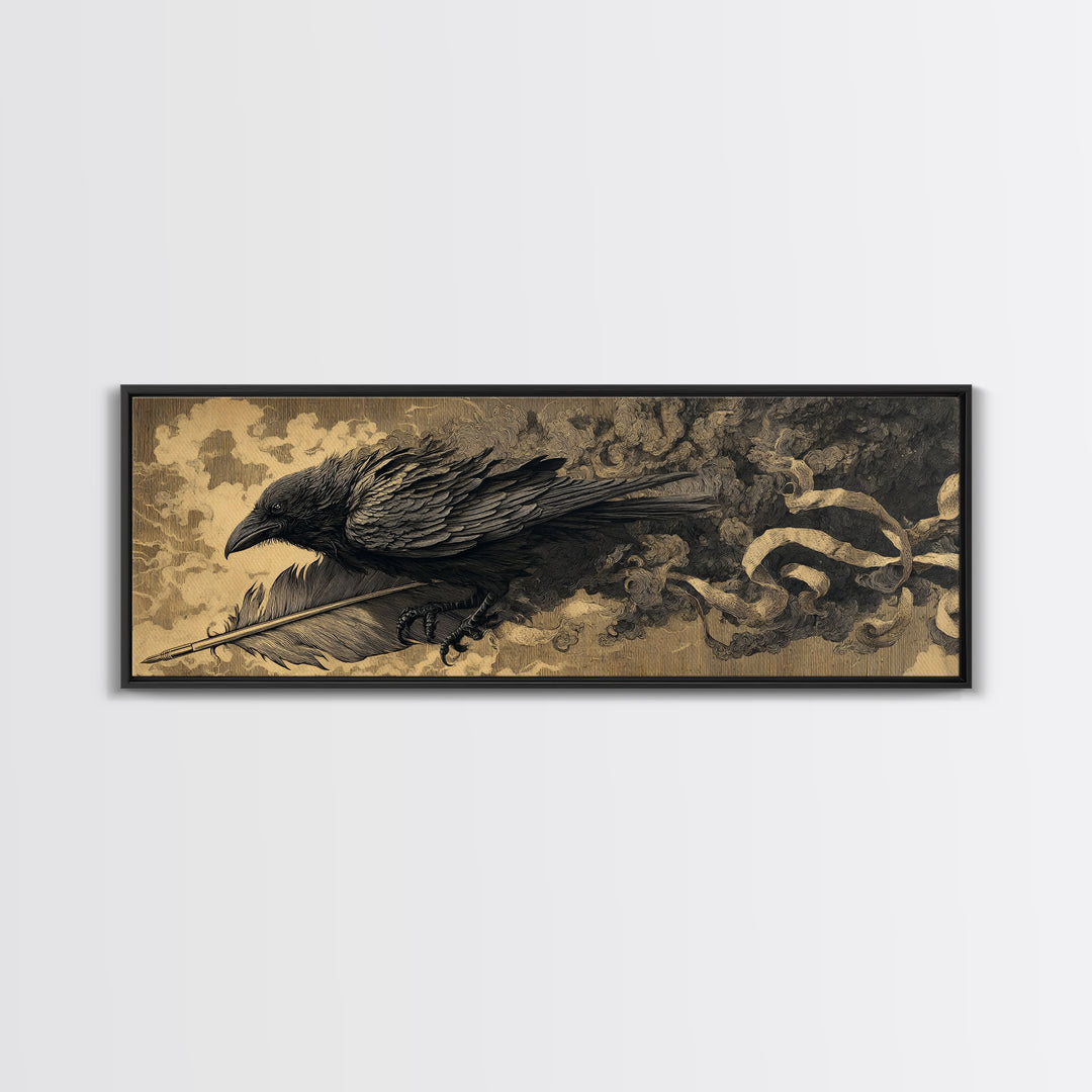 The Raven-Feather Quill, Apocalyptic Romantic Art, Extra Wide Wall Art, Dark Halloween Decor, Framed Canvas Print, Halloween Wall Art
