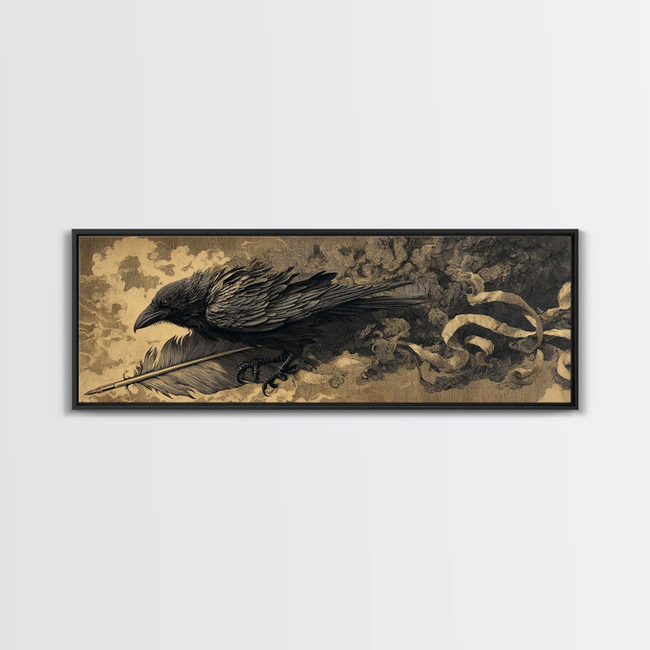 The Raven-Feather Quill, Apocalyptic Romantic Art, Extra Wide Wall Art, Dark Halloween Decor, Framed Canvas Print, Halloween Wall Art