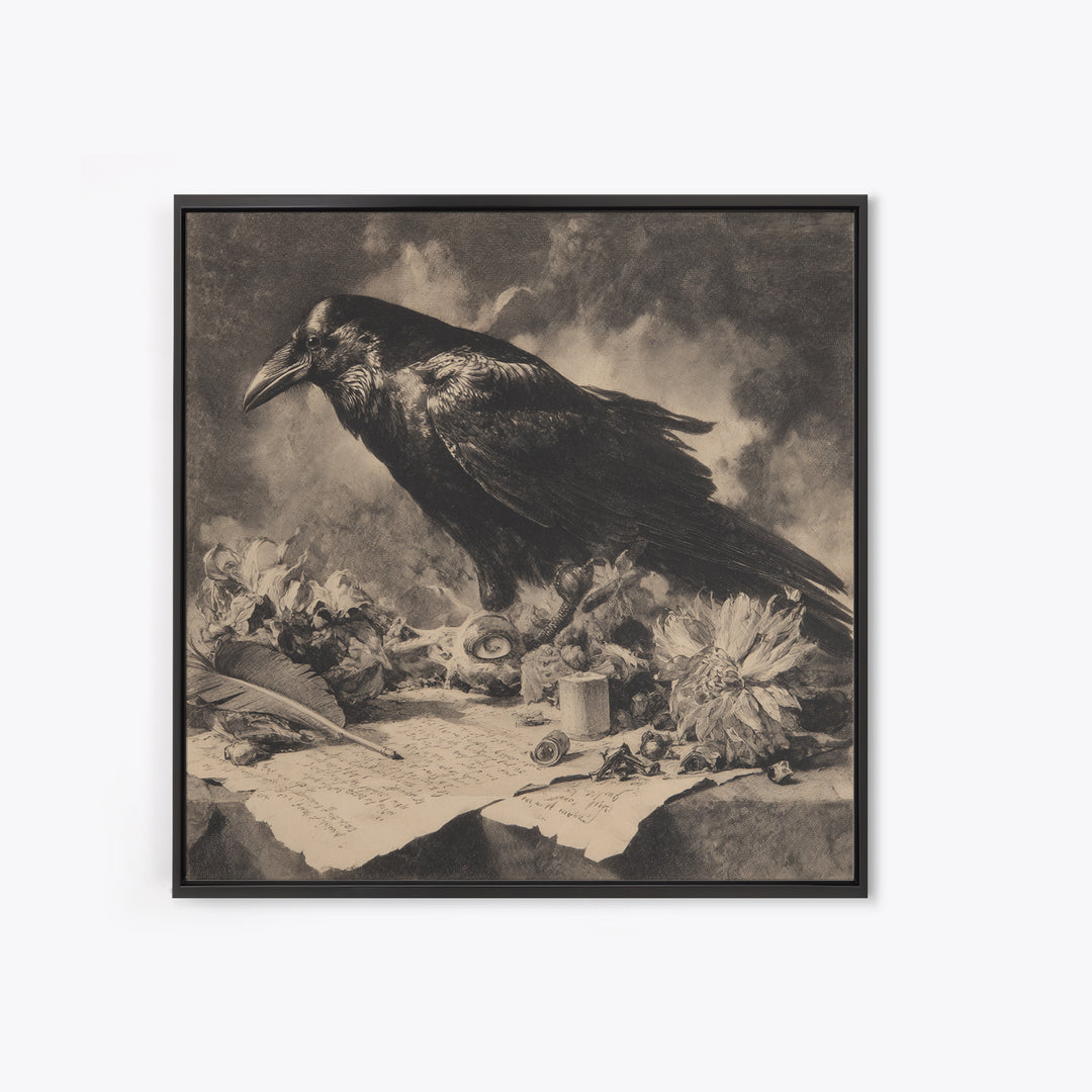 The Raven-Feather Quill, Symbolist Dream Art, Square Wall Art, Dark Halloween Decor, Framed Canvas Print, Halloween Wall Art