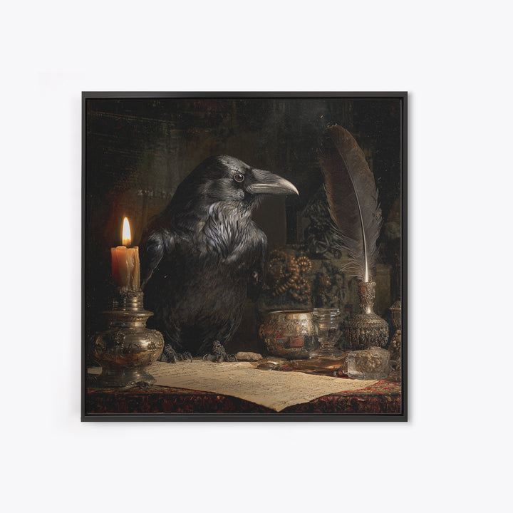 The Raven-Feather Quill, Ornate Symbolist Art, Square Wall Art, Macabre Wall Art, Canvas Print, Halloween Wall Art, Gothic Home Decor