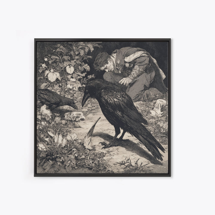 The Raven-Feather Quill, Symbolist Etching Art, Square Wall Art, Gothic Horror Wall Art, Framed Canvas Print, Halloween Wall Art