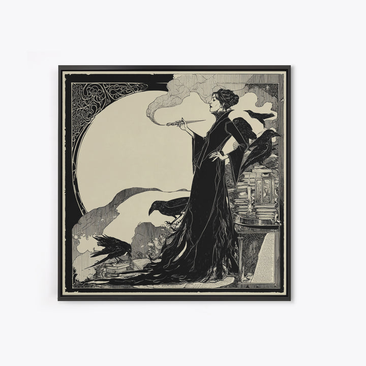 The Raven-Feather Quill, Decadent Line Art, Square Wall Art, Dark Fantasy Wall Art, Framed Canvas Print, Halloween Wall Art