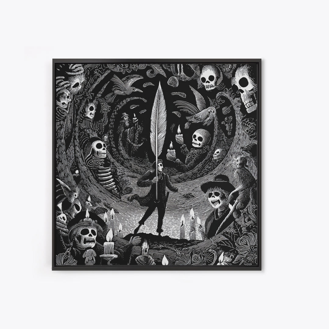 The Raven-Feather Quill, Macabre Folk Print Art, Square Wall Art, Gothic Horror Wall Art, Canvas Print, Halloween Wall Art