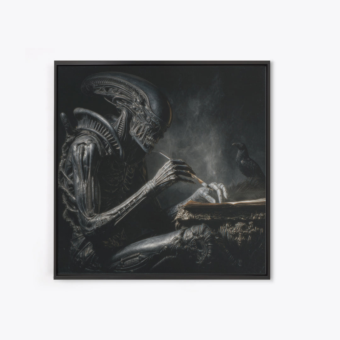 The Raven-Feather Quill, Biomechanical Horror Art, Square Wall Art, Macabre Wall Art, Canvas Print, Halloween Wall Art, Horror Wall Art
