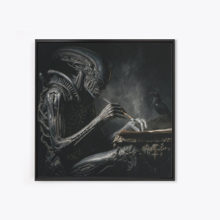 The Raven-Feather Quill, Biomechanical Horror Art, Square Wall Art, Macabre Wall Art, Canvas Print, Halloween Wall Art, Horror Wall Art