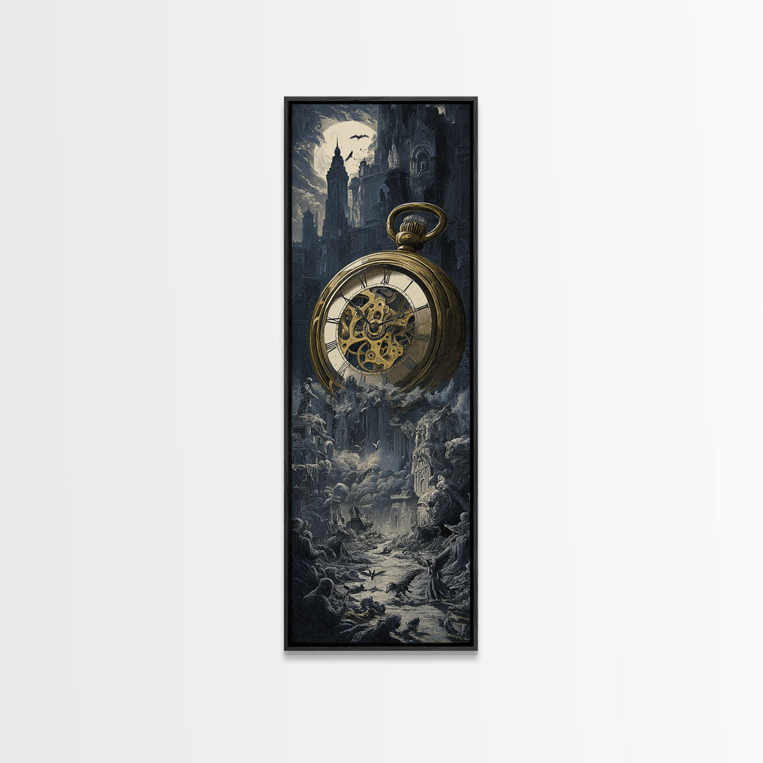 The Cursed Pocket Watch, Gothic Engraving Art, Tall Narrow Wall Art, Dark Halloween Decor, Framed Canvas Print, Halloween Wall Art