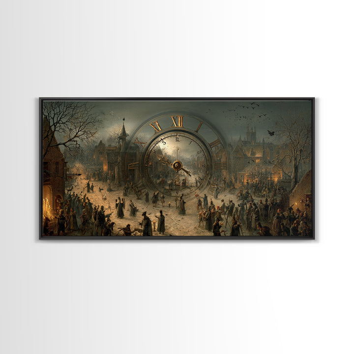 The Cursed Pocket Watch, Northern Renaissance Horror, Wide Panoramic Art, Dark Halloween Decor, Framed Canvas Print