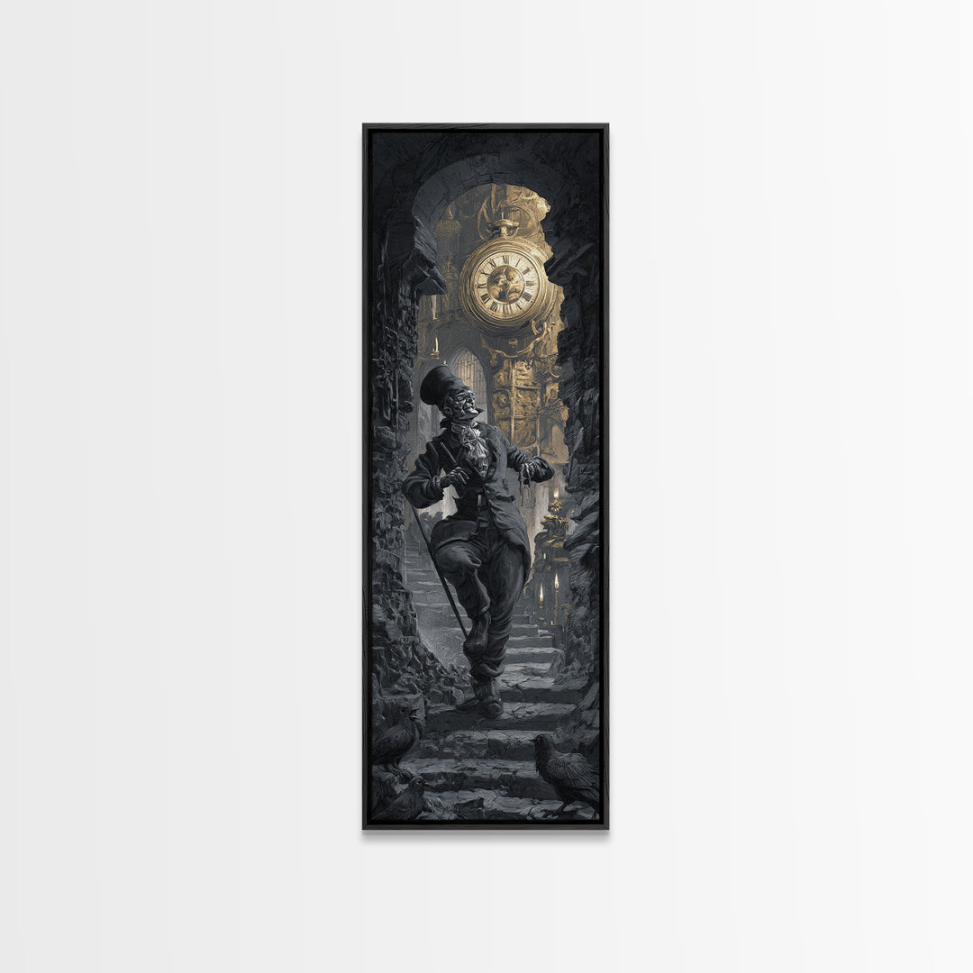 The Cursed Pocket Watch, Architectural Etching Art, Tall Narrow Wall Art, Dark Halloween Decor, Framed Canvas Print