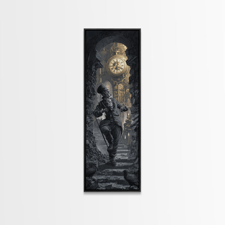 The Cursed Pocket Watch, Architectural Etching Art, Tall Narrow Wall Art, Dark Halloween Decor, Framed Canvas Print