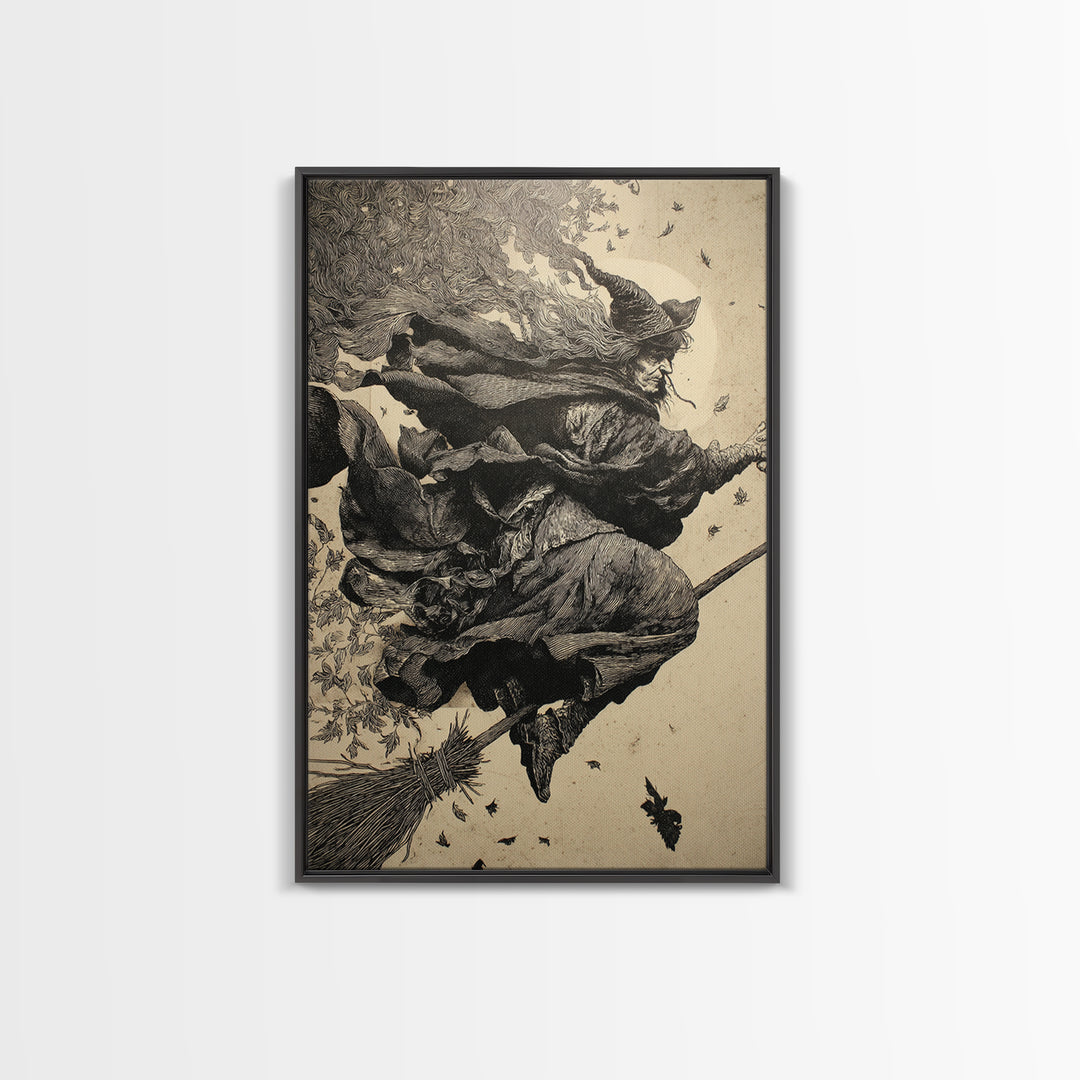 The Witch'S Broom, Renaissance Engraving Art, Vertical Wall Art, Gothic Horror Wall Art, Canvas Print, Halloween Wall Art