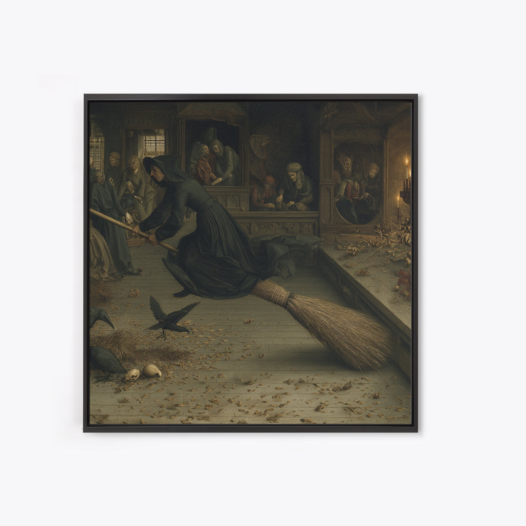 The Witch'S Broom, Danse Macabre Art, Square Wall Art, Dark Halloween Decor, Framed Canvas Print, Halloween Wall Art