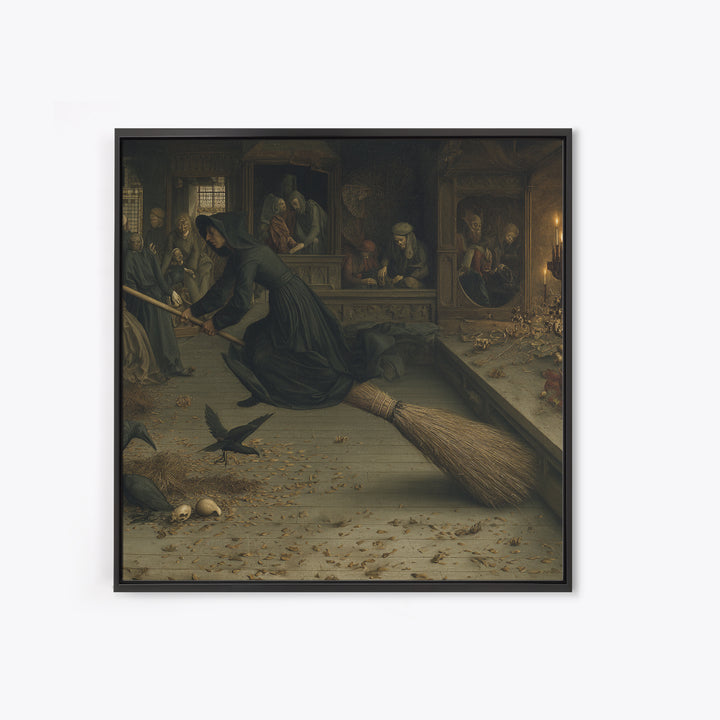 The Witch'S Broom, Danse Macabre Art, Square Wall Art, Dark Halloween Decor, Framed Canvas Print, Halloween Wall Art