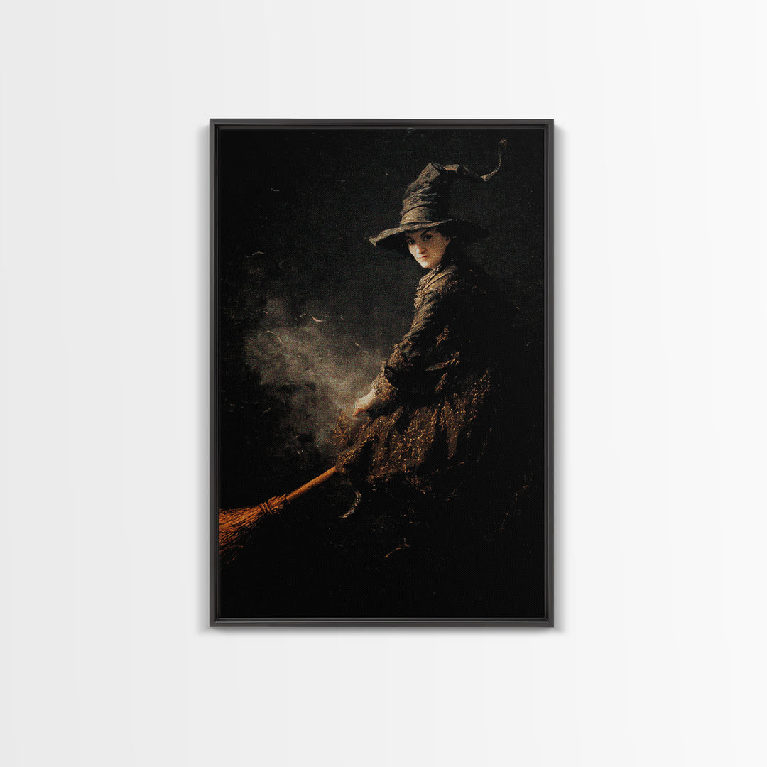 The Witch'S Broom, Dark Romantic Horror Art, Vertical Wall Art, Dark Halloween Decor, Framed Canvas Print, Halloween Wall Art