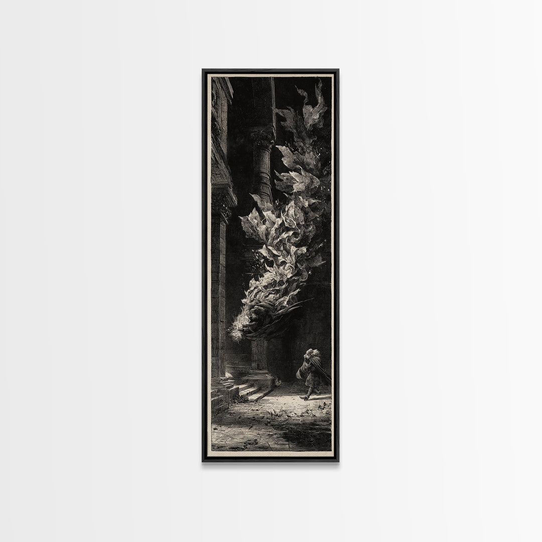 The Witch'S Broom, Architectural Etching Art, Tall Narrow Wall Art, Dark Fantasy Wall Art, Framed Canvas Print