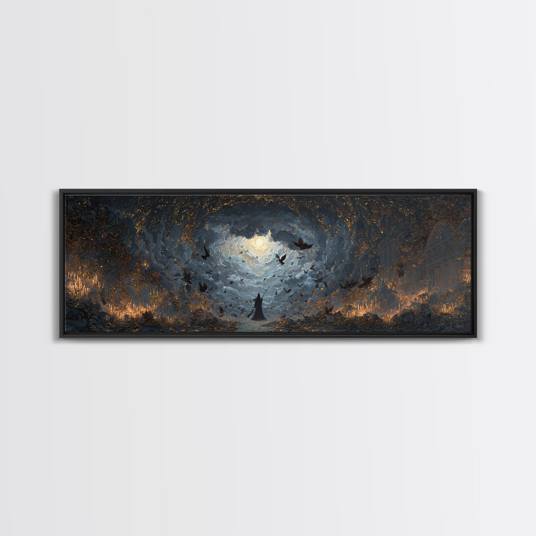 The Witch'S Broom, Apocalyptic Romantic Art, Extra Wide Wall Art, Macabre Wall Art, Framed Canvas Print, Halloween Wall Art