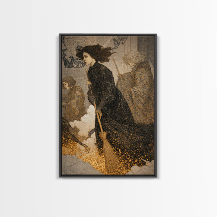 The Witch'S Broom, Symbolist Death Art, Vertical Wall Art, Macabre Wall Art, Framed Canvas Print, Halloween Wall Art