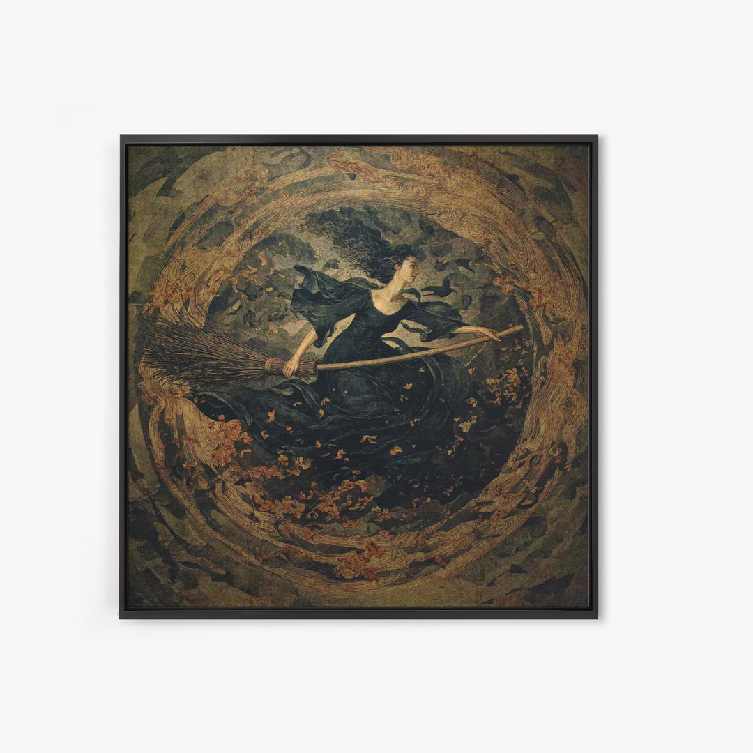 The Witch'S Broom, Dark Symbolist Art, Square Wall Art, Dark Fantasy Wall Art, Framed Canvas Print, Halloween Wall Art