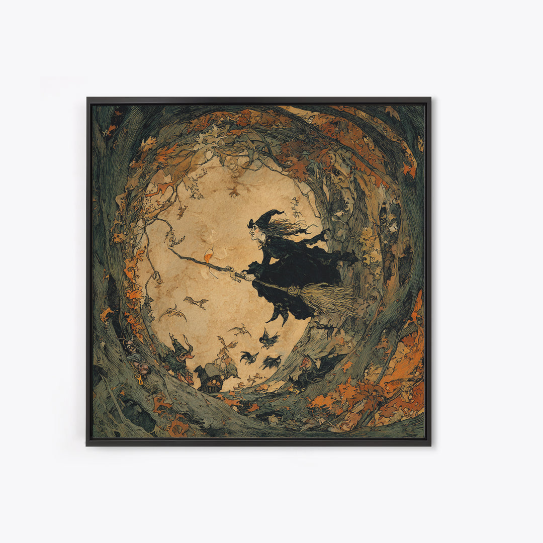 The Witch'S Broom, Gothic Storybook Art, Square Wall Art, Macabre Wall Art, Canvas Print, Halloween Wall Art, Spooky Wall Decor