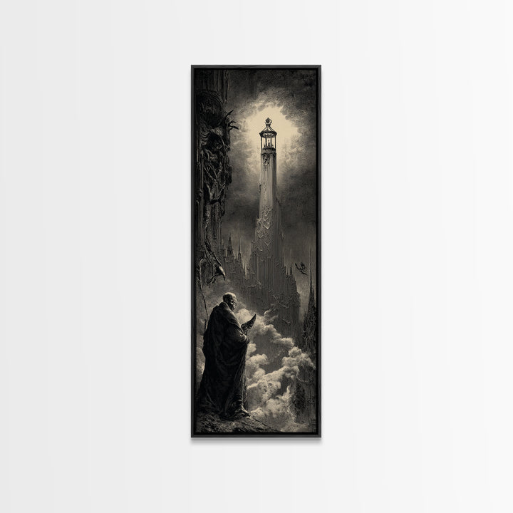 The Bone-Handled Lantern, Gothic Engraving Art, Tall Narrow Wall Art, Dark Halloween Decor, Framed Canvas Print, Halloween Wall Art